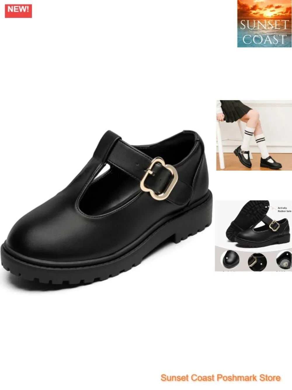Mary Jane Shoes Girls School Uniform Flats T-Strap